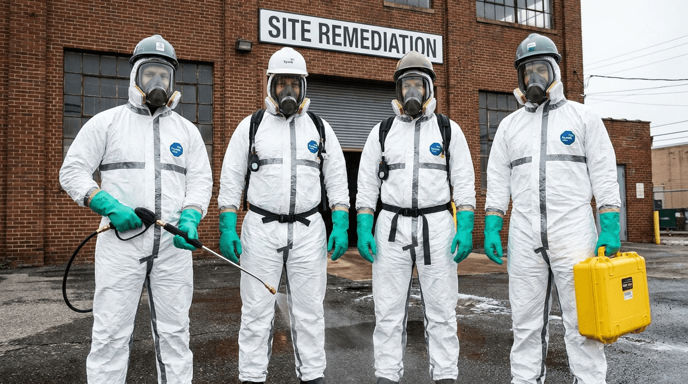 Équipe BioClean Solution en tenue de protection lors d'une intervention